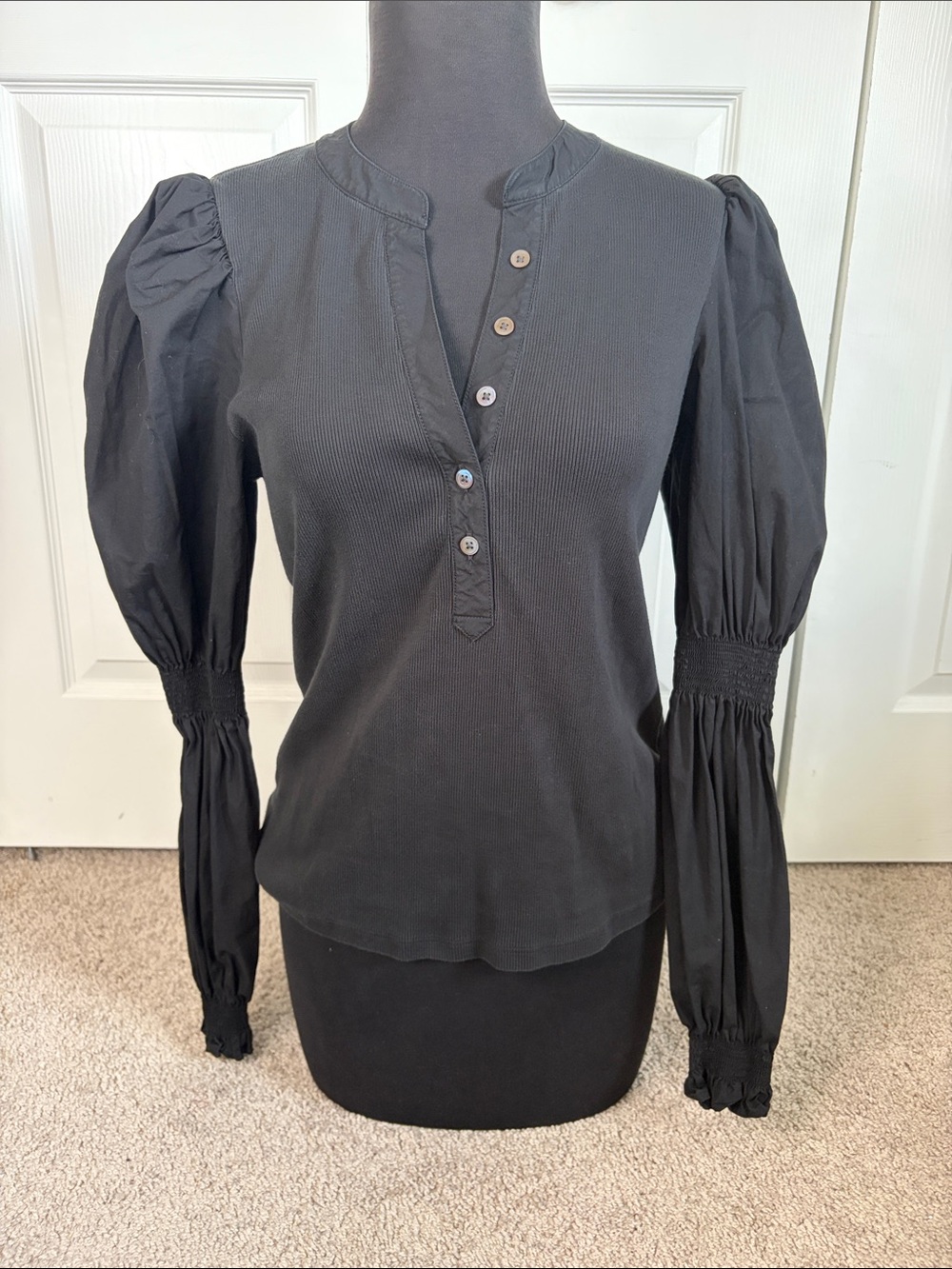 Veronica Beard Effy Top Black Split V Neck Puffed Poet Sleeves Pima Cotton M